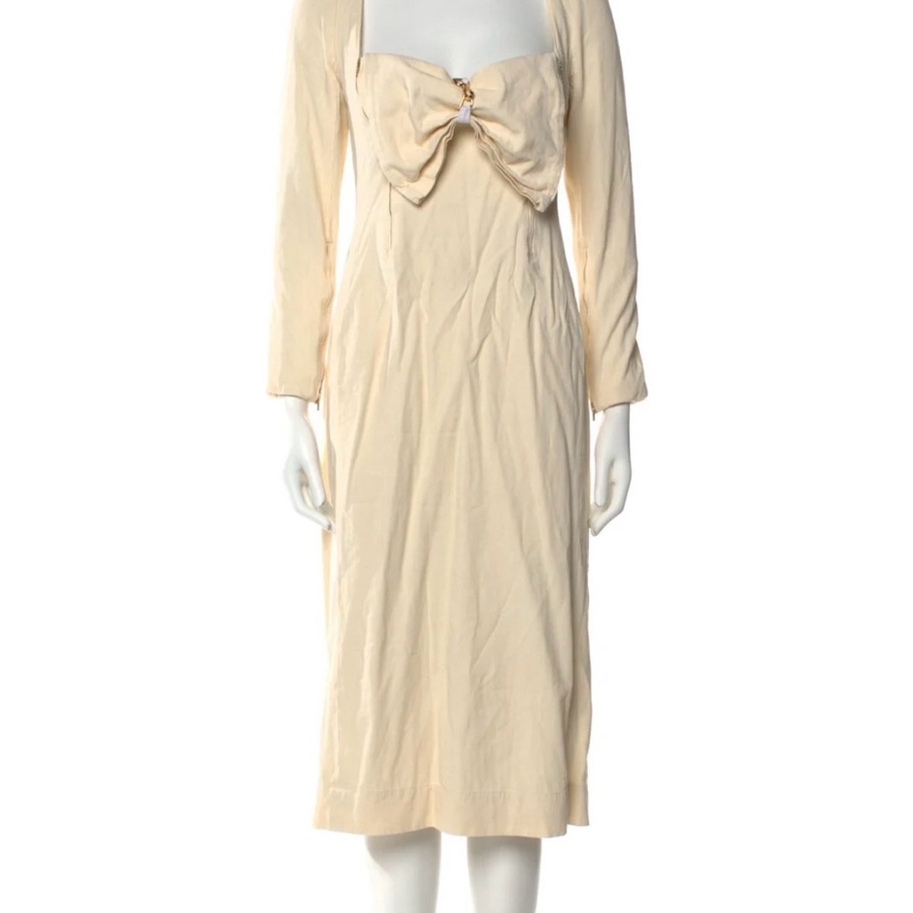 Jacquemus Bow Front Ivory Midi Dress with Long Sleeves